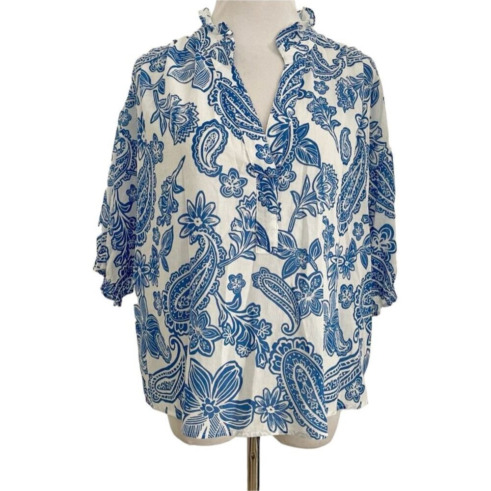 XiRENA Blue and White Ruffled Blouse with 3/4 Sleeves